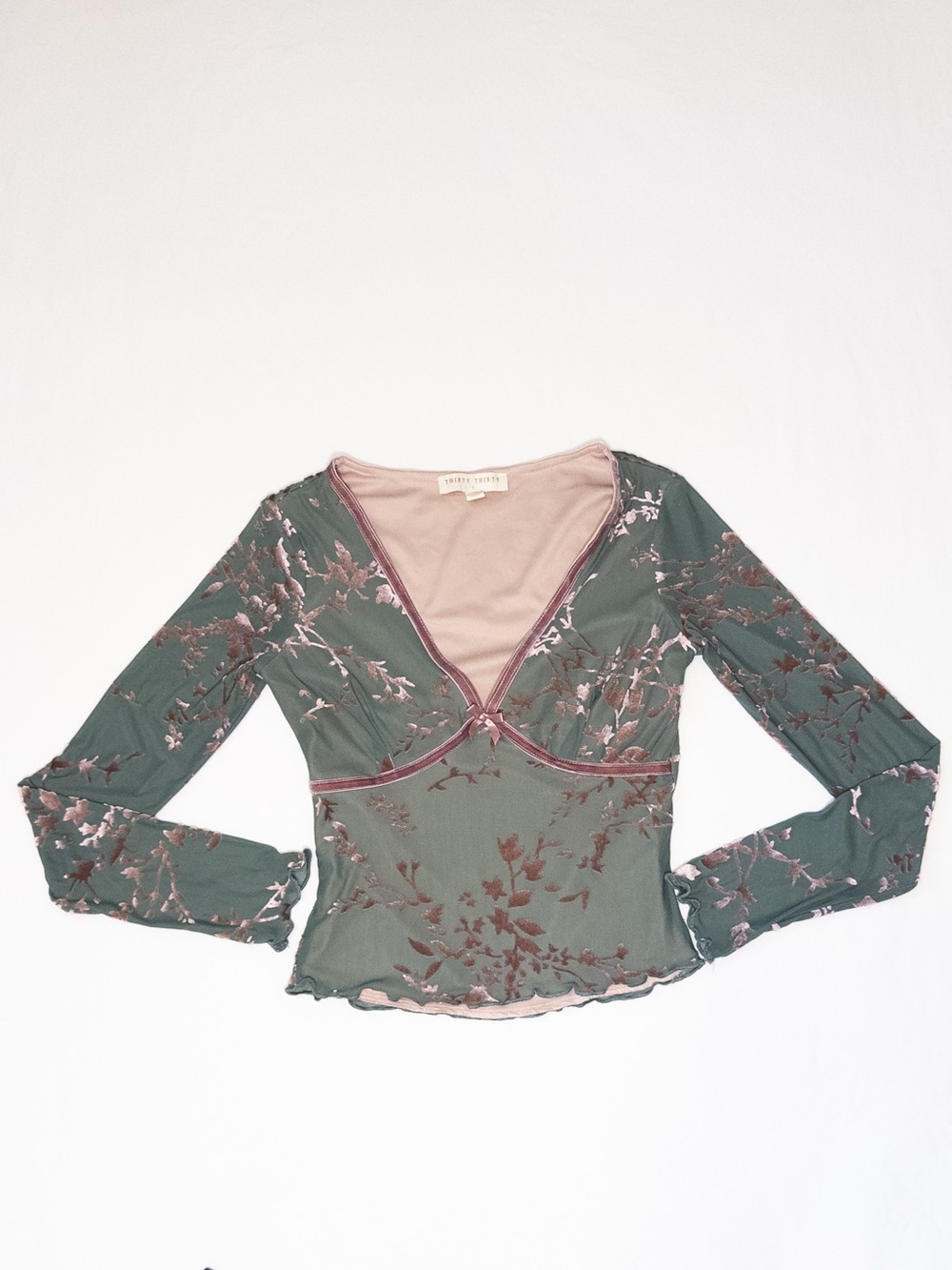 Thirty Thirty Olive Green Sheer Floral Velvet Mesh Fairy Goth V-Neck Top